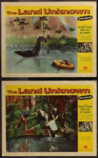 6m0274 LAND UNKNOWN 2 LCs 1957 girl in raft w/dinosaur emerging from lake, guy pulled from water!