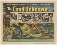 6m0156 LAND UNKNOWN TC 1957 a paradise of hidden terrors, cool art of dinosaurs by Ken Sawyer!