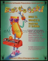 6s0298 BEAT THE QUAKE green style 17x22 special poster 1991 earthquake safety, wacky California art!