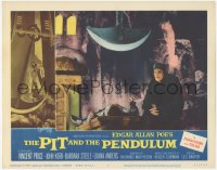 6w1182 PIT & THE PENDULUM LC #8 1961 close up of Vincent Price by man on table under giant blade!