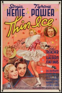 7a0328 THIN ICE style B 1sh 1937 Maturo art of Henie alone & w/ Tyrone Power, Royal Theatre, rare!