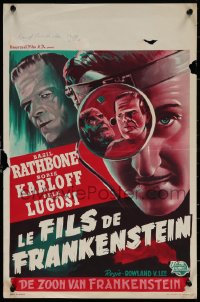 7b0229 SON OF FRANKENSTEIN Belgian R1950s art of monster Boris Karloff, Bela Lugosi & Rathbone!