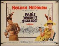 7b1255 PARIS WHEN IT SIZZLES 1/2sh 1964 Audrey Hepburn with gun & barechested William Holden!