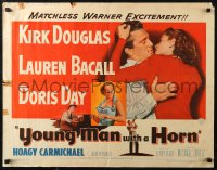 7b1317 YOUNG MAN WITH A HORN 1/2sh 1950 jazz man Kirk Douglas kisses sexy Lauren Bacall + Doris Day!