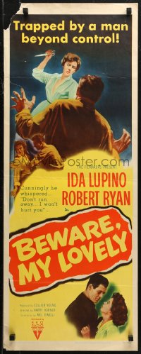 7b1335 BEWARE MY LOVELY insert 1952 noir, Ida Lupino trapped by Robert Ryan, who is beyond control!