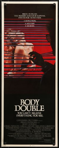 7b1342 BODY DOUBLE int'l insert 1985 Brian De Palma, Melanie Griffith, voyeur watches sexy woman!