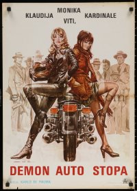 7b0375 BLONDE IN BLACK LEATHER Yugoslavian 20x28 1978 Monica Vitti & Cardinale on motorcycle!