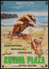 7b0376 BLOOD BEACH Yugoslavian 19x27 1980 huge hand & sexy girl in bikini sinking in quicksand!