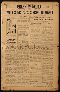 7h1331 WOLF SONG pressbook 1929 Gary Cooper & Lupe Velez in a Paramount singing romance, rare!