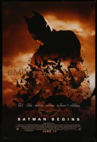 7m0802 BATMAN BEGINS advance DS 1sh 2005 June 17, image of Christian Bale's head and cowl over bats!