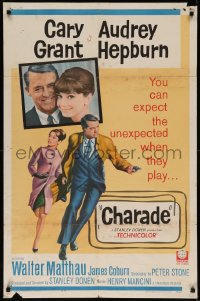 7p0467 CHARADE 1sh 1963 art of tough Cary Grant & sexy Audrey Hepburn, expect the unexpected!