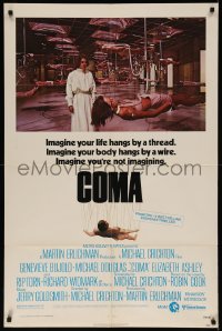 7p0483 COMA 1sh 1977 Genevieve Bujold finds room full of coma patients in special harnesses!