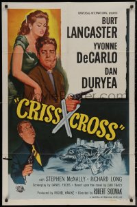 7p0501 CRISS CROSS 1sh R1958 cool crime film noir artwork of Burt Lancaster & sexy Yvonne De Carlo!