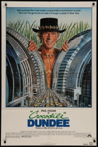 7p0502 CROCODILE DUNDEE 1sh 1986 cool art of Paul Hogan looming over New York City by Daniel Goozee!