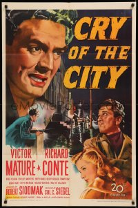 7p0504 CRY OF THE CITY 1sh 1948 film noir, cool c/u of Victor Mature, Richard Conte, Shelley Winters