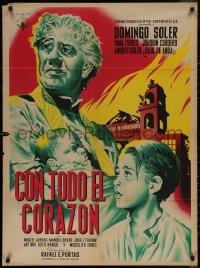 7p0149 CON TODO EL CORAZON Mexican poster 1951 Mendoza art of priest w/baby by destroyed church!