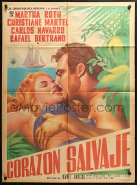 7p0150 CORAZON SALVAJE Mexican poster 1956 close up artwork of lovers with ship in background!