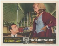 7r1108 GOLDFINGER LC #1 1964 sexy Honor Blackman points gun at Sean Connery as James Bond!