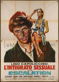 7y0384 ESCALATION Italian 2p R1974 Ferrari art of sexy Claudine Auger on Lino Capolicchio's shoulder