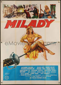 7y0396 FOUR MUSKETEERS Italian 2p 1976 different art of sexy Raquel Welch on giant sword, Milady!