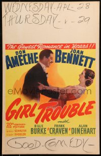 7y0248 GIRL TROUBLE WC 1942 Don Ameche & Joan Bennett in the gayest romance in years!