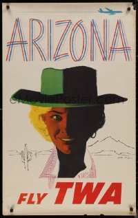 8a0173 TWA ARIZONA 25x40 travel poster 1960s cool cowgirl & airplane artwork by Austin Briggs!