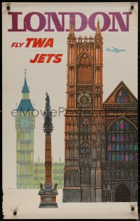 8a0175 TWA LONDON 25x40 travel poster 1960s cool art of English landmarks by David Klein!