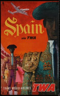 8a0176 TWA SPAIN 25x40 travel poster 1950s David Klein art of matadors in ring!