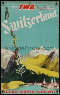 8a0177 TWA SWITZERLAND 25x40 travel poster 1952 art of Lockheed Constellation, mountains & city!