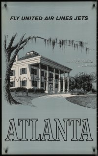 8a0178 UNITED AIR LINES ATLANTA 25x40 travel poster 1960s art of plantation style house!