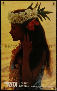 8a0179 UTA FRENCH AIRLINES 25x39 French travel poster 1970s Polynesian woman w/ flowers and lei!