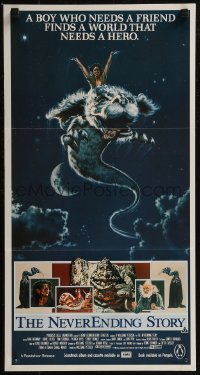 8f0345 NEVERENDING STORY Aust daybill 1984 Petersen, fantasy art of Falcor & cast by Ezra Tucker!