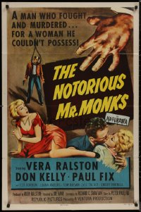 8f0937 NOTORIOUS MR. MONKS 1sh 1958 a man who fought and murdered for a woman he couldn't possess!