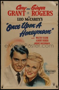 8f0945 ONCE UPON A HONEYMOON 1sh 1942 wonderful smiling portrait art of Ginger Rogers & Cary Grant!