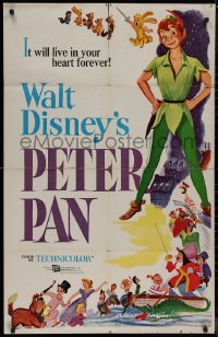 8f0957 PETER PAN 1sh R1958 Walt Disney animated cartoon fantasy classic, great full-length art!