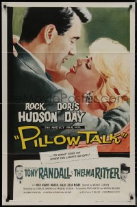 8f0960 PILLOW TALK 1sh 1959 bachelor Rock Hudson loves pretty career girl Doris Day, cool art!