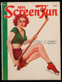 8m0601 REAL SCREEN FUN magazine January 1938 great cover art of sexy pinup playing ice hockey!