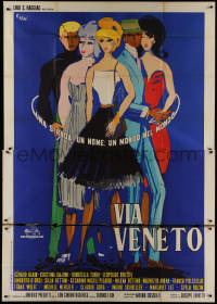 8t0407 VIA VENETO Italian 2p 1964 great Brini art of 2 men with 3 sexy women, like La Dolce Vita!