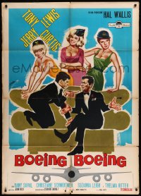 9b0745 BOEING BOEING Italian 1p 1966 great Symeoni art of Tony Curtis, Jerry Lewis & ladies, rare!