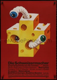 9f0259 SWISSMAKERS East German 23x32 1980 different art of Swiss cheese and worms by Schallnau!