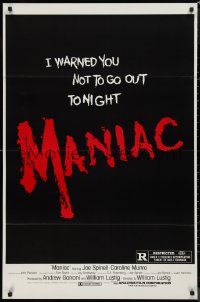 9f0967 MANIAC 1sh 1980 William Lustig's grindhouse slasher, you were warned not to go out tonight!