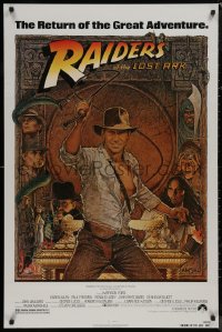 9f1041 RAIDERS OF THE LOST ARK 1sh R1982 great Richard Amsel art of adventurer Harrison Ford!