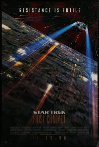 9f1126 STAR TREK: FIRST CONTACT int'l advance 1sh 1996 image of starship Enterprise above Borg cube!