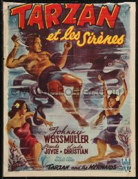 9h0608 TARZAN & THE MERMAIDS Belgian 1949 art of Johnny Weissmuller diving & battling octopus!