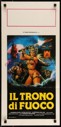 9h1091 THRONE OF FIRE Italian locandina 1983 cool art of horned bad guy w/ barechested warrior & sexy girl!