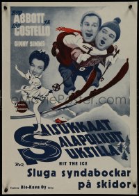 9k1147 HIT THE ICE Finnish R1950s art of Ginny Simms w/Bud Abbott & Lou Costello on skis!