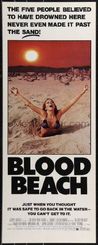 9k1554 BLOOD BEACH insert 1981 Jaws parody tagline, image of sexy girl in bikini sinking in sand!