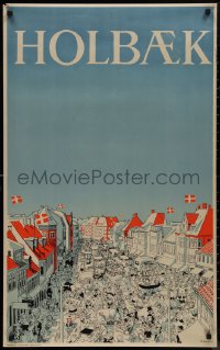 9k0318 HOLBAEK 25x39 Danish travel poster 1950s Bo Bojesen art of people having fun on the street!