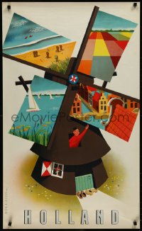 9k0319 HOLLAND 24x39 Dutch travel poster 1950s Reyn Dirksen art of Dutch windmill & landmarks, rare!