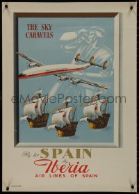 9k1213 IBERIA SPAIN 20x28 Spanish travel poster 1950s Christopher Columbus's ships and airplane!